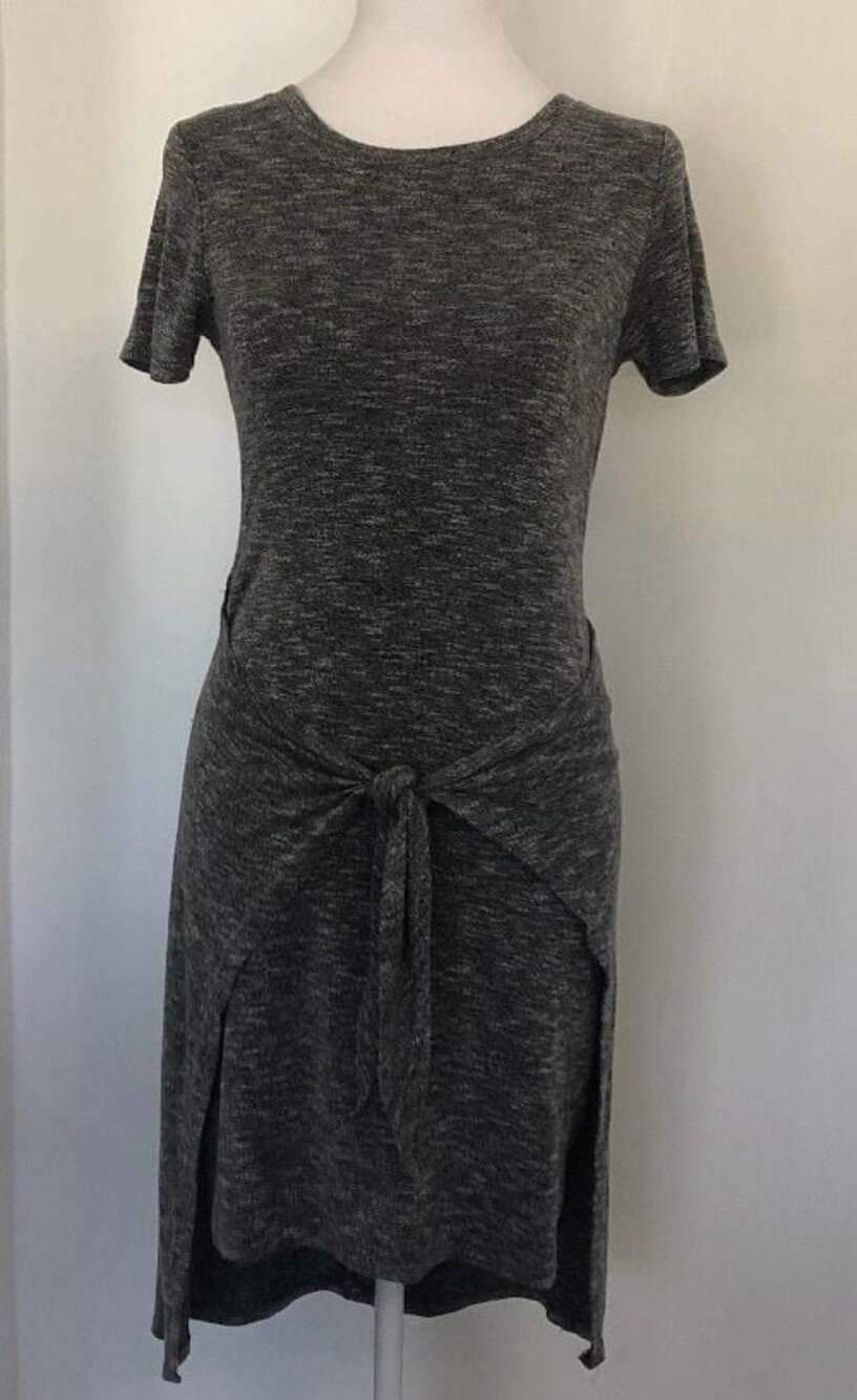 LUCKY BRAND Women Heathered Grey Tie Front Short Sleeve Mini Knit Dress Sz S